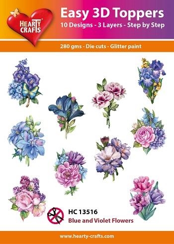 Easy 3D Toppers Blue and violet flowers 10 udstandsede motiver med glimmer